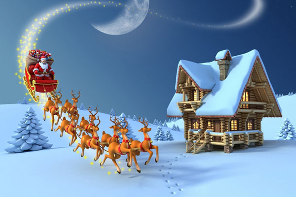 Ông Già Noel cưỡi tuần lộc tặng quà cho trẻ em