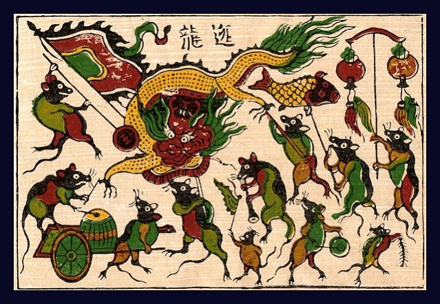 tranh thêu chuột rước đèn